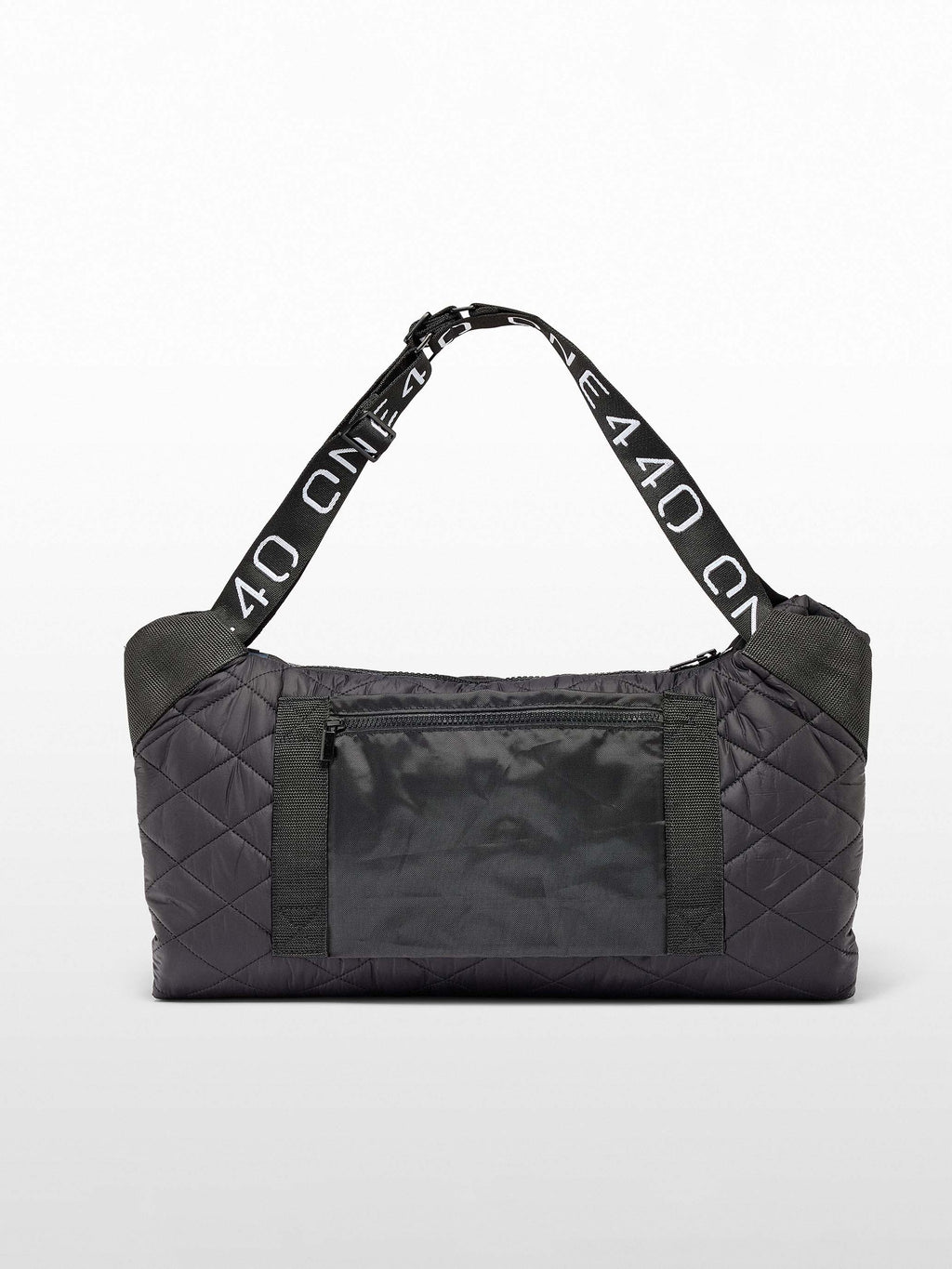 Black quilted one440 handbag with a branded strap on a white background